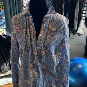 Talbots Blue and White Striped Button-Down Shirt with Pink Floral Print